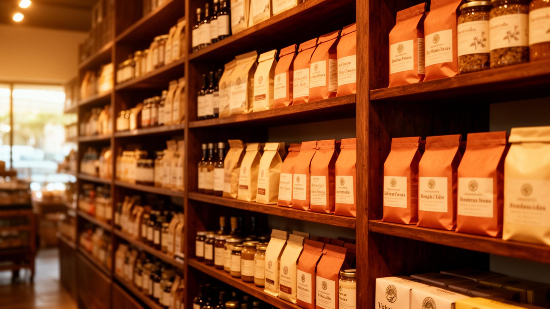 Premium artisan products on warm wooden shelving in a Western Australian grocer